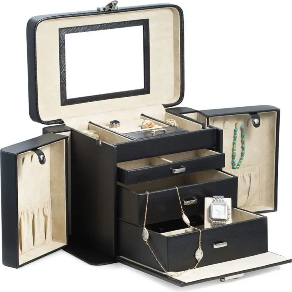 Bey-Berk Lizard Print Leather Jewelry Box - Black